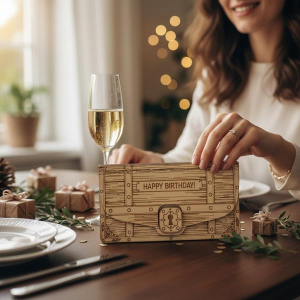 Holz Umschlag aus hellem Sperrholz mit gelasertem Schriftzug „Happy Birthday“